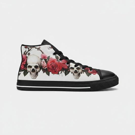 Freaky Shoes® men's high-top canvas sneakers featuring a detailed skull and red rose floral print design.