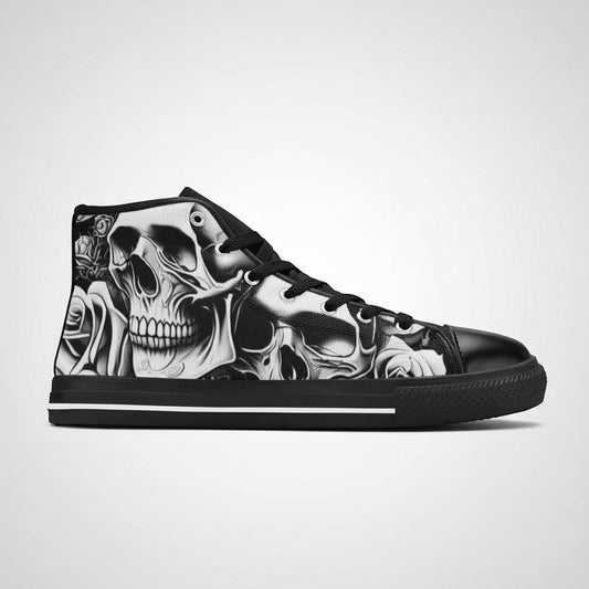 Freaky Shoes® women's high-top canvas sneakers featuring a black and white cartoon skull and rose print design.