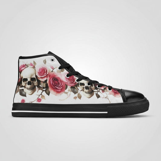 Freaky Shoes® high-top canvas sneakers featuring a detailed black and white skull and pink rose floral print