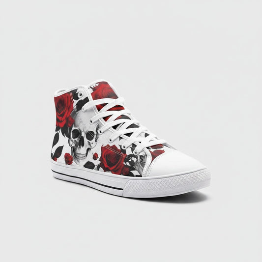 Freaky Shoes® high-top canvas sneakers featuring a bold red rose and skull print with white laces and rubber toe cap.