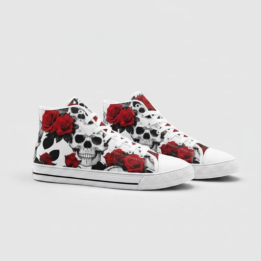 Freaky Shoes® high-top canvas sneakers featuring a bold black and white skull and red rose floral print pattern.