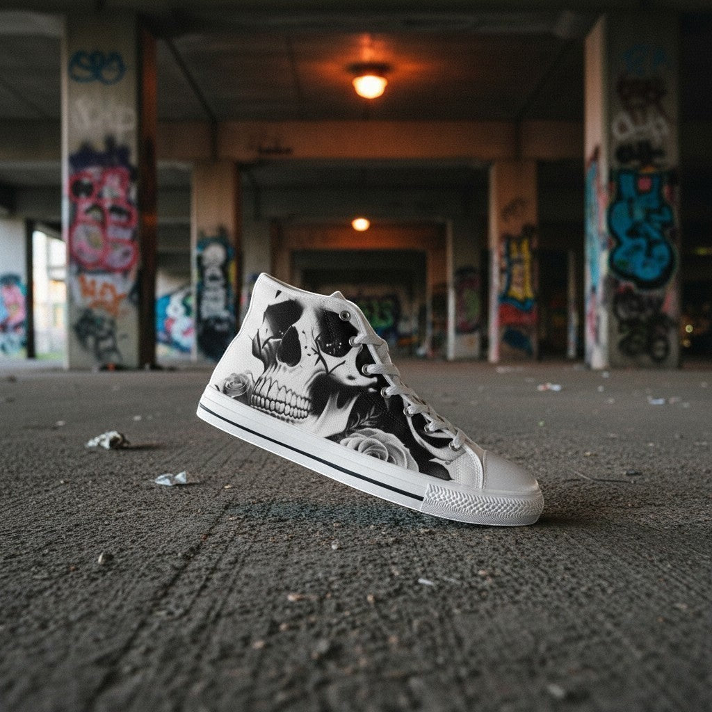 Freaky Shoes® high-top canvas sneakers featuring a black and white skull and rose print in an urban setting