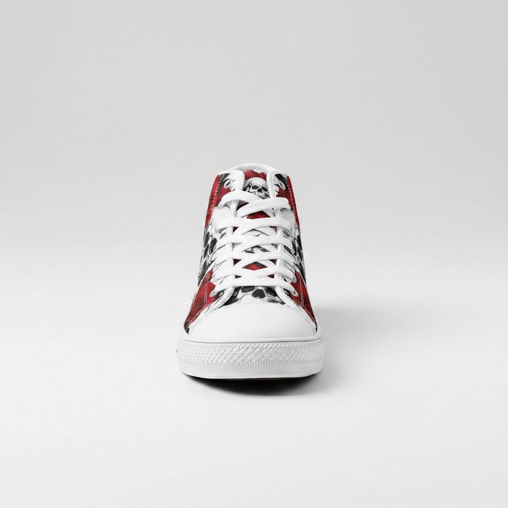 Freaky Shoes® high-top canvas sneakers featuring a bold red rose and skull print with white laces and rubber toe cap.
