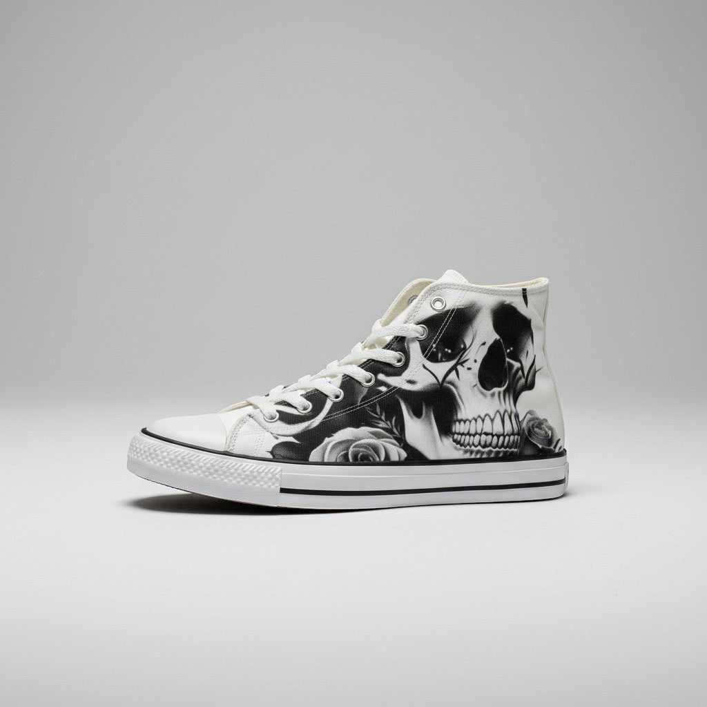 Freaky Shoes® women's high-top canvas sneakers featuring a black and white skull and rose graphic print