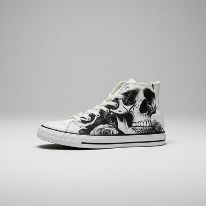 Freaky Shoes® women's high-top canvas sneakers featuring a black and white skull and rose graphic print