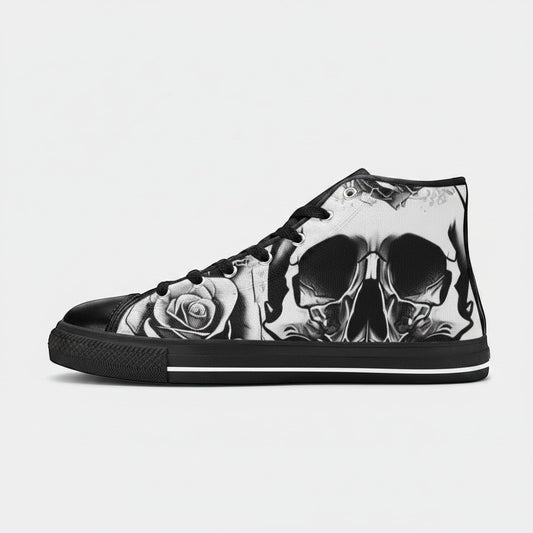 Freaky Shoes® women's high-top canvas sneakers featuring a black and white skull and rose graphic print