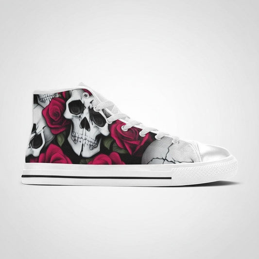 Freaky Shoes® men's high-top canvas sneakers featuring a vivid skull and red rose graphic print on a white base.