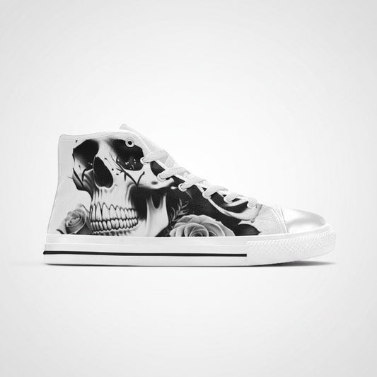 Freaky Shoes® men's high-top canvas sneakers featuring a black and white skull and rose graphic print
