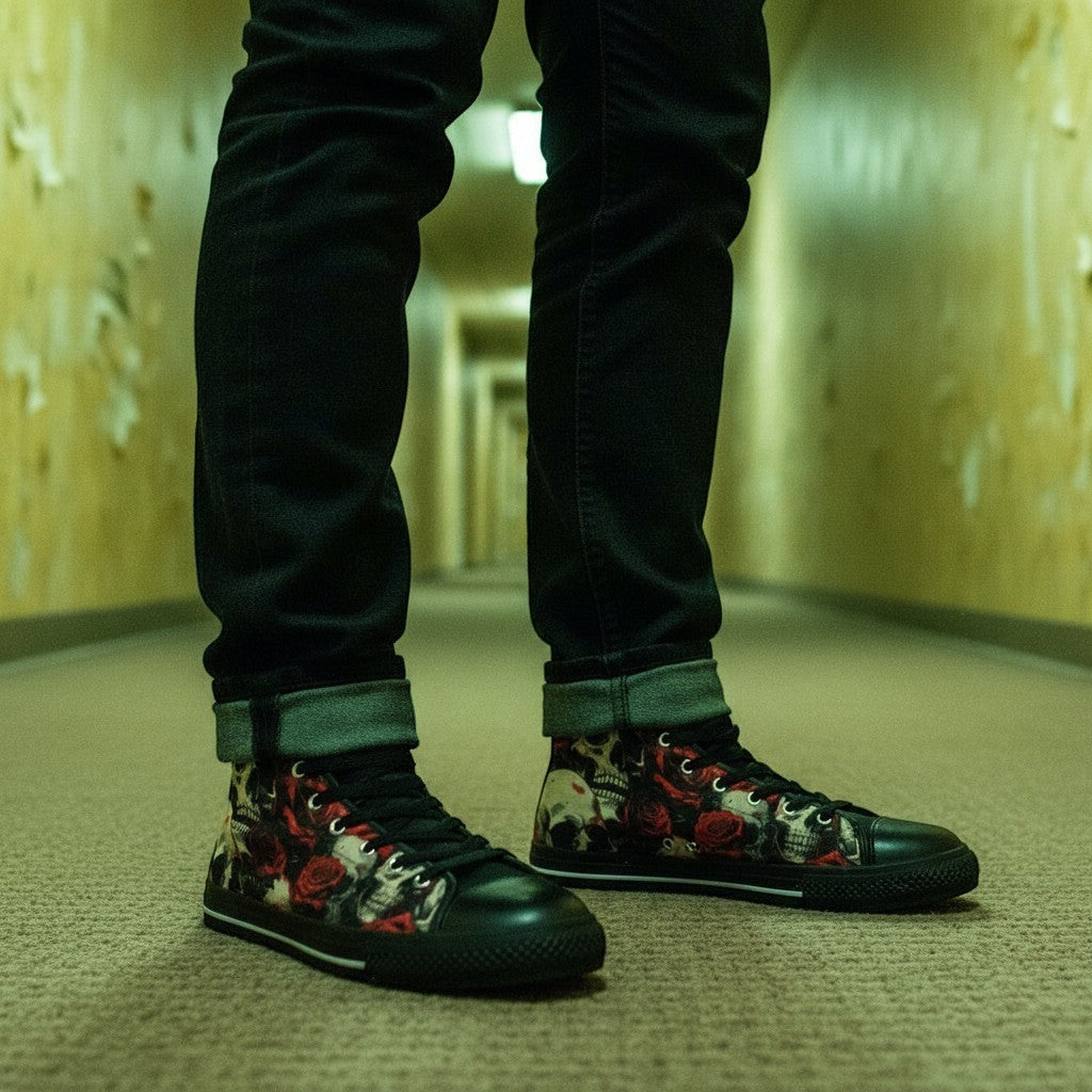 Freaky Shoes® high-top canvas sneakers featuring a dark comic book skull and rose print worn with black jeans