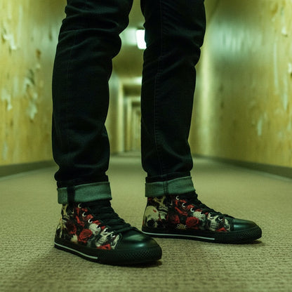 Freaky Shoes® high-top canvas sneakers featuring a dark comic book skull and rose print worn with black jeans