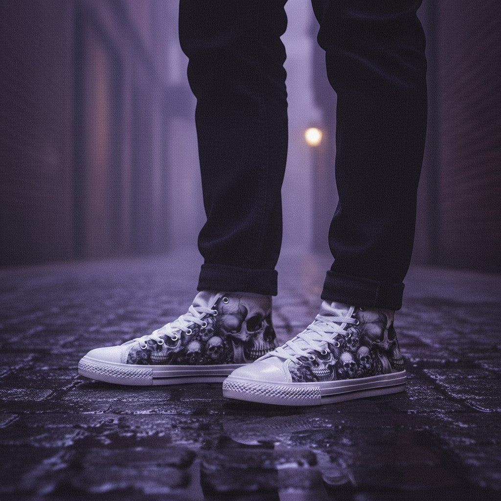 Freaky Shoes® high-top canvas sneakers featuring a dark gothic skull and rose art print on a cobblestone street.