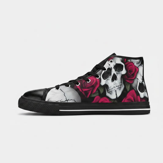 Freaky Shoes® women's high-top canvas sneakers featuring a bold black, white, and red skull and rose art print.