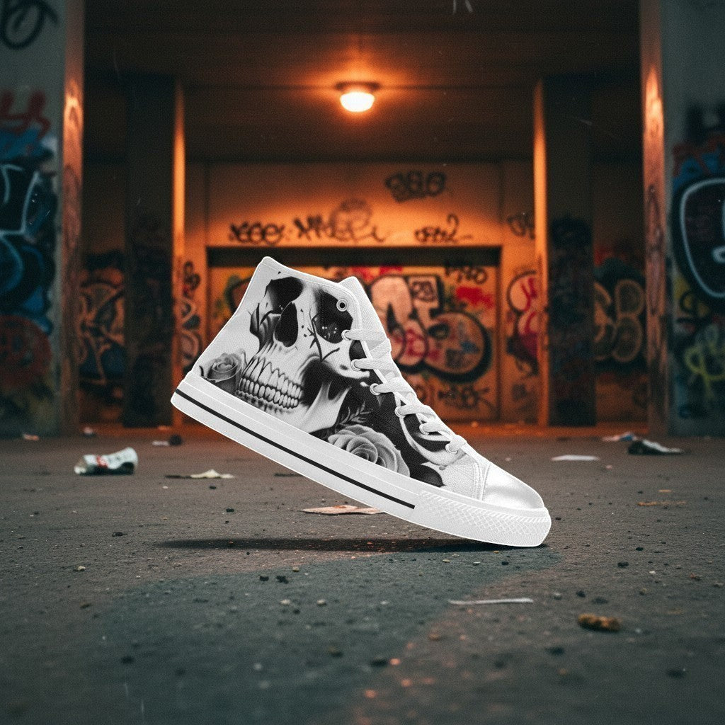 Freaky Shoes® high-top canvas sneakers featuring a black and white skull and rose print in an urban graffiti setting.