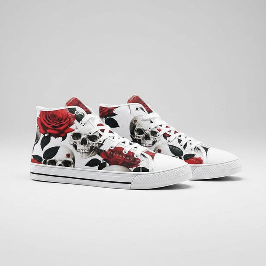 Freaky Shoes® high-top canvas sneakers featuring a white base with a bold red rose and skull print pattern.