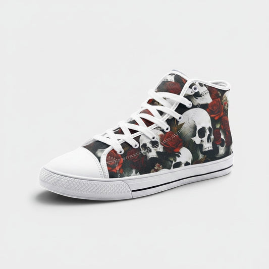 Freaky Shoes® high-top canvas sneakers featuring a vibrant skull and red rose print with white laces and soles.