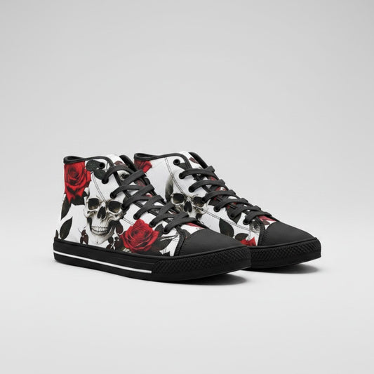 Freaky Shoes® high-top canvas sneakers featuring a bold black and white skull and red rose floral print pattern.