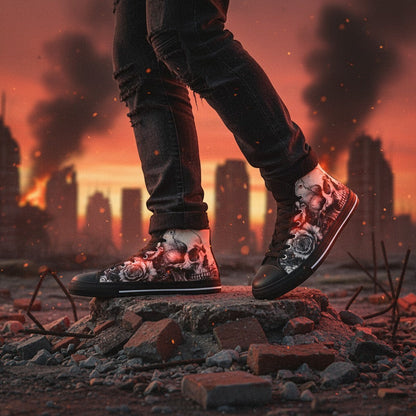 Freaky Shoes® women's high-top canvas sneakers featuring a dark skull and rose art print against a city ruin backdrop