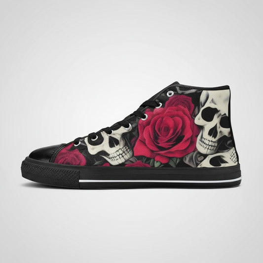 Freaky Shoes® women's high-top canvas sneakers featuring a bold black, white, and red skull and rose floral print.