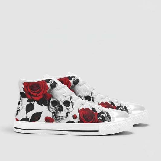 Freaky Shoes® women's high-top canvas sneakers featuring a bold black and white skull and red rose floral print