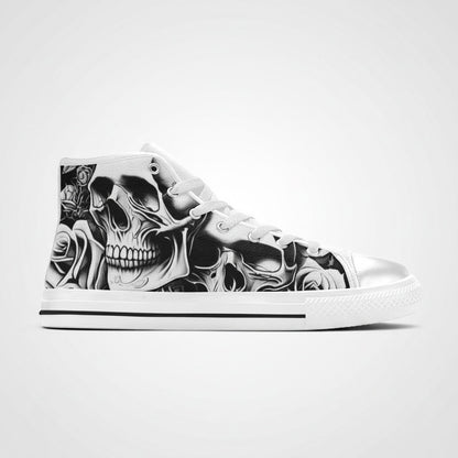 Freaky Shoes® high-top canvas sneakers featuring a black and white cartoon skull and rose print on a white base.