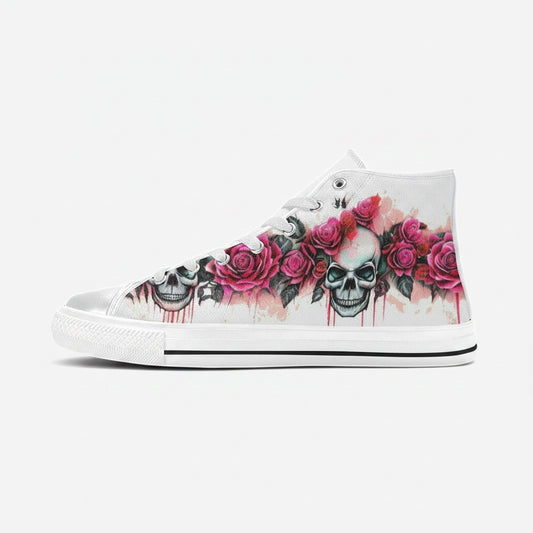 Freaky Shoes® women's white high-top canvas sneakers featuring a vibrant skull and pink rose artistic print