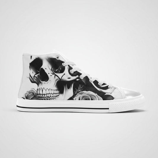 Freaky Shoes® women's black and white high-top canvas sneakers featuring a detailed skull and rose graphic print.