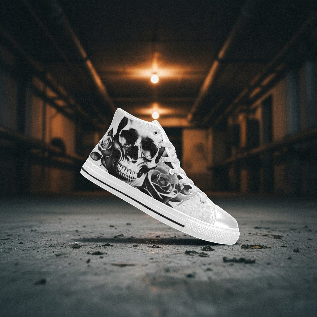 Freaky Shoes® women's high-top canvas sneakers featuring a black and white cartoon skull and rose print design