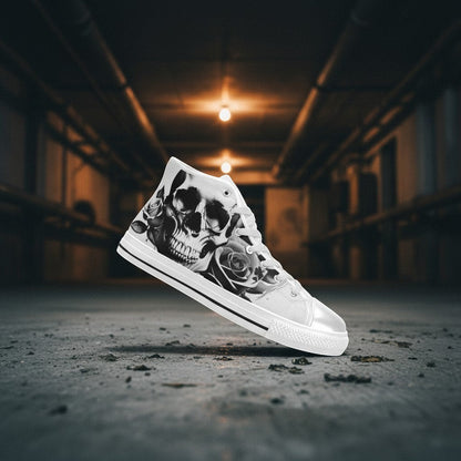 Freaky Shoes® women's high-top canvas sneakers featuring a black and white cartoon skull and rose print design