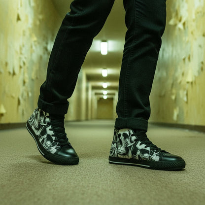 Freaky Shoes® high-top canvas sneakers featuring a black and white cartoon skull and rose print in a hallway.