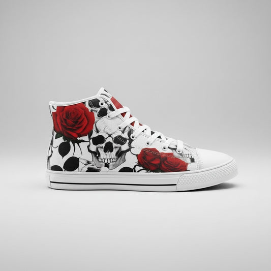 Freaky Shoes® high-top canvas sneakers featuring a detailed black and white skull and red rose floral print pattern.