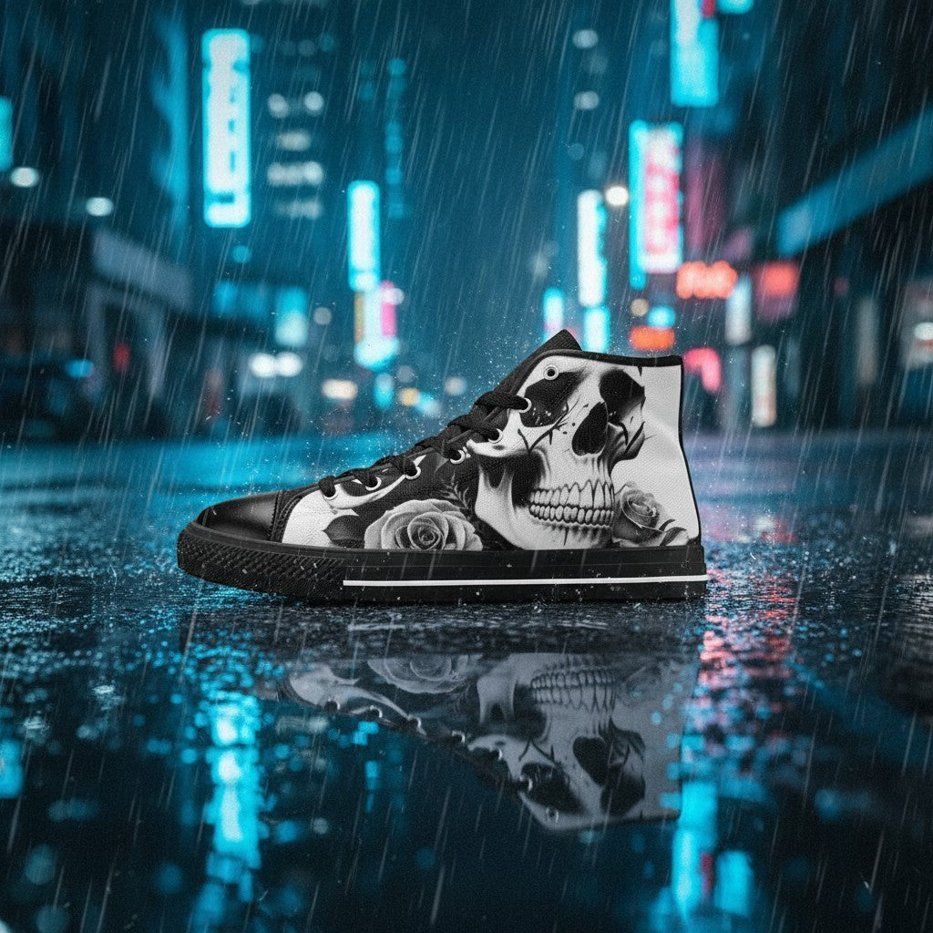Freaky Shoes® high-top canvas sneakers featuring a black and white skull and rose print on a rainy city street.