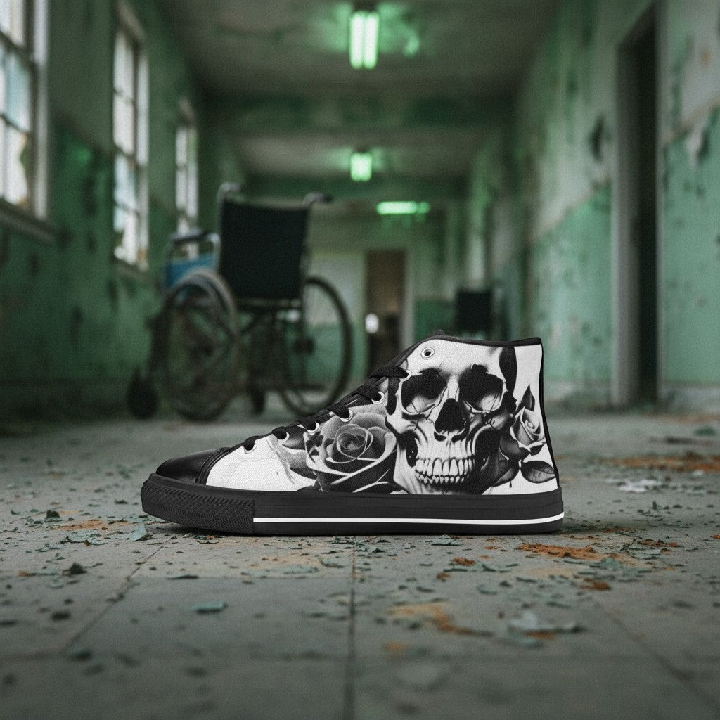 Freaky Shoes® high-top canvas sneakers featuring a black and white cartoon skull and rose print in a gritty hallway.