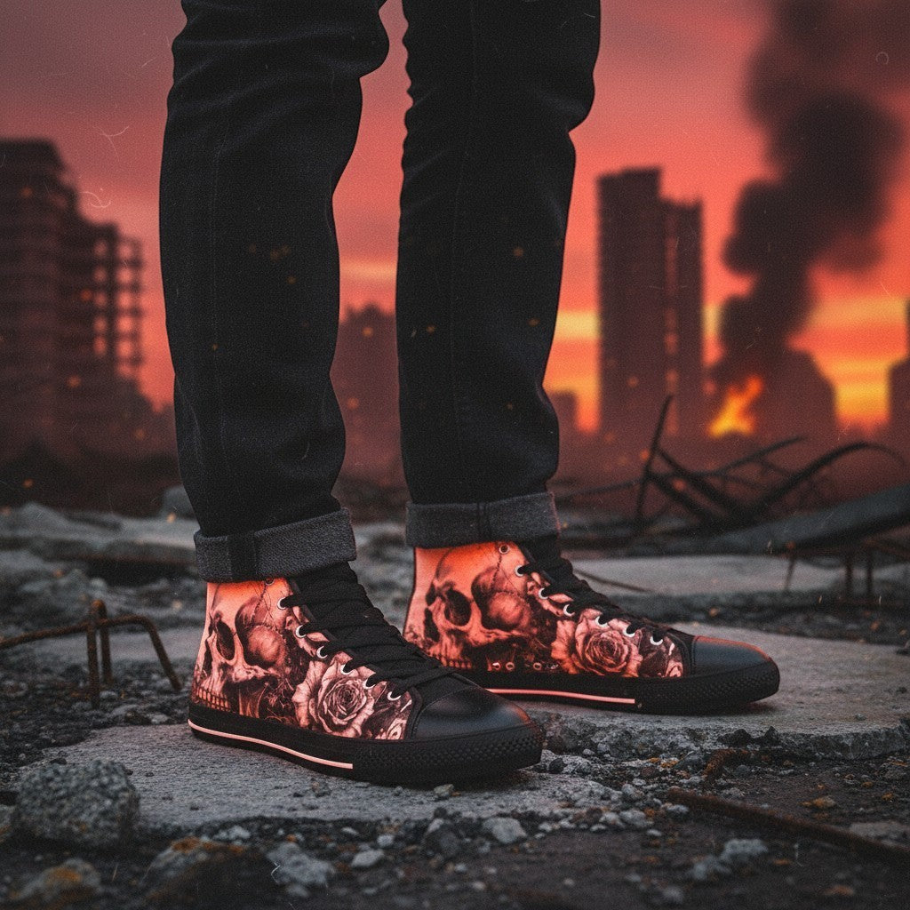 Freaky Shoes® women's high-top canvas sneakers featuring a dark skull and rose art print in a post-apocalyptic setting