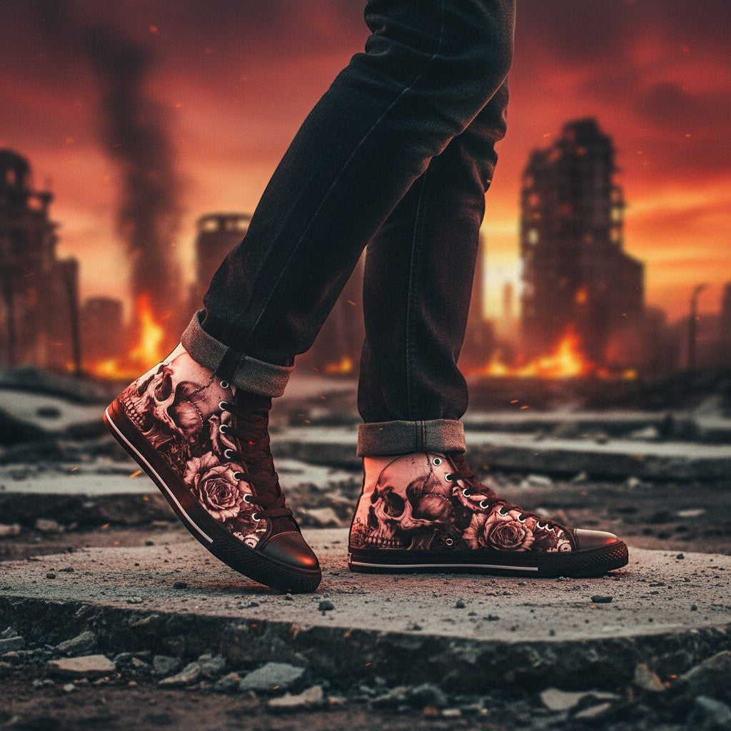 Freaky Shoes® women's high-top canvas sneakers featuring a dark art skull and rose print in a post-apocalyptic setting