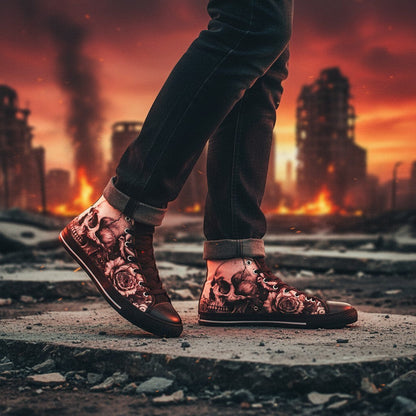 Freaky Shoes® women's high-top canvas sneakers featuring a dark art skull and rose print in a post-apocalyptic setting