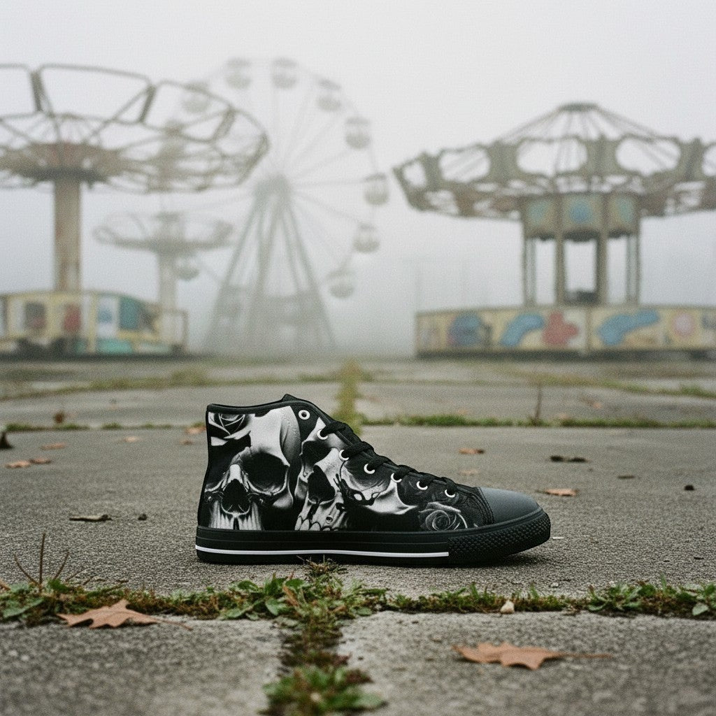 Freaky Shoes® high-top canvas sneakers featuring a black and white greyscale skull and rose print in a foggy setting