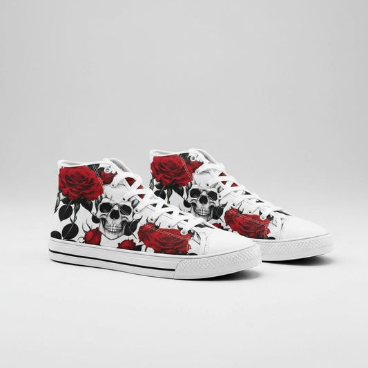 Freaky Shoes® high-top canvas sneakers featuring a bold black and white skull and red rose floral print pattern.
