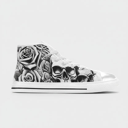 Freaky Shoes® women's high-top canvas sneakers featuring a black and white skull and rose graphic print