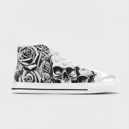 Freaky Shoes® women's high-top canvas sneakers featuring a black and white skull and rose graphic print