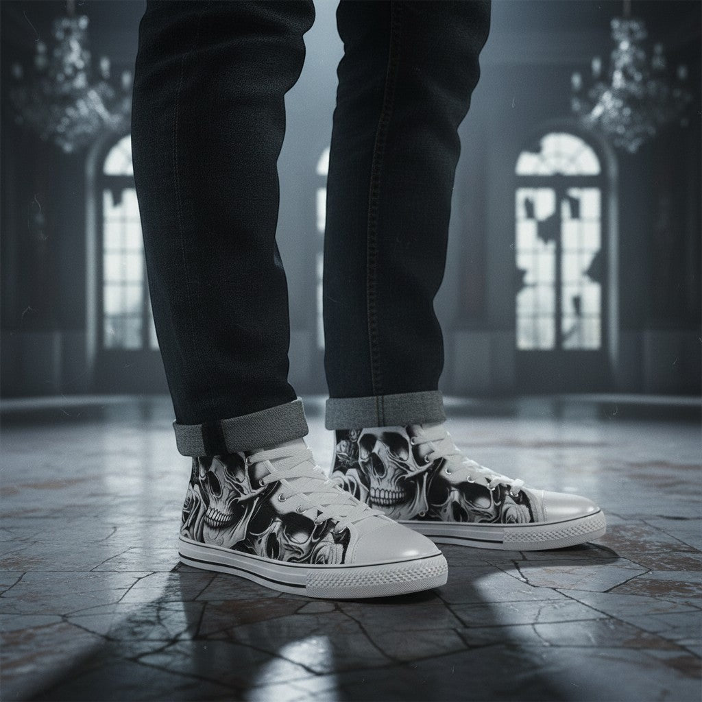 Freaky Shoes® women's high-top canvas sneakers featuring a black and white cartoon skull and rose print