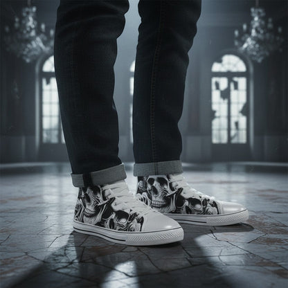 Freaky Shoes® women's high-top canvas sneakers featuring a black and white cartoon skull and rose print