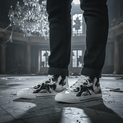 Freaky Shoes® black and white high-top canvas sneakers featuring a detailed skull and rose print worn with dark jeans.