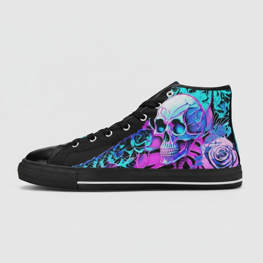 Freaky Shoes® women's high-top canvas sneakers featuring a vibrant neon skull and rose print on a black background