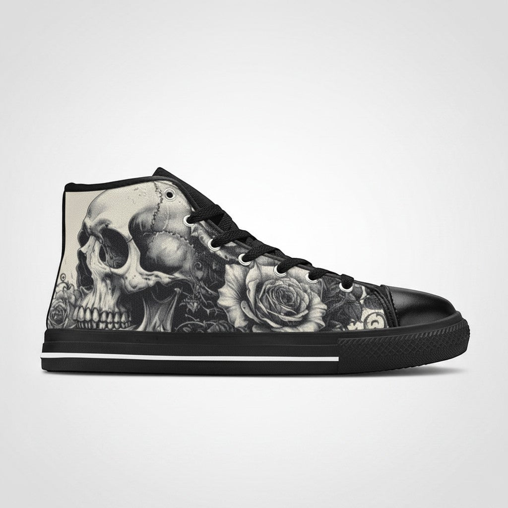 Freaky Shoes® women's high-top canvas sneakers featuring a black and white skull and rose dark art print.