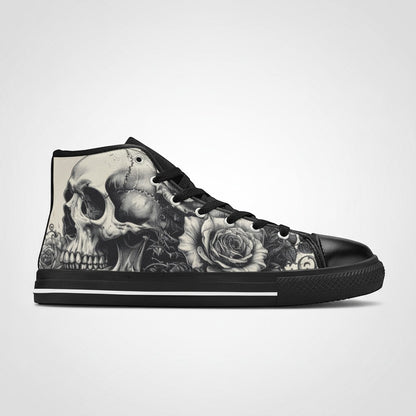 Freaky Shoes® women's high-top canvas sneakers featuring a black and white skull and rose dark art print.