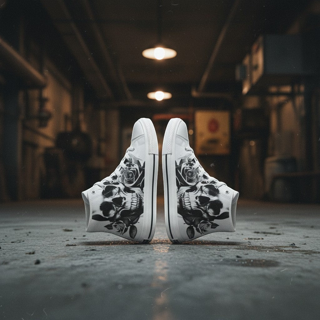 Freaky Shoes® women's high-top canvas sneakers featuring a black and white cartoon skull and rose print design.