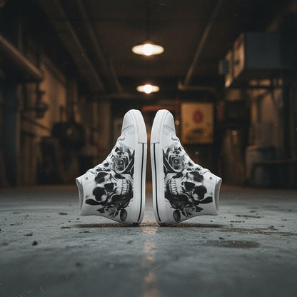 Freaky Shoes® women's high-top canvas sneakers featuring a black and white cartoon skull and rose print design.