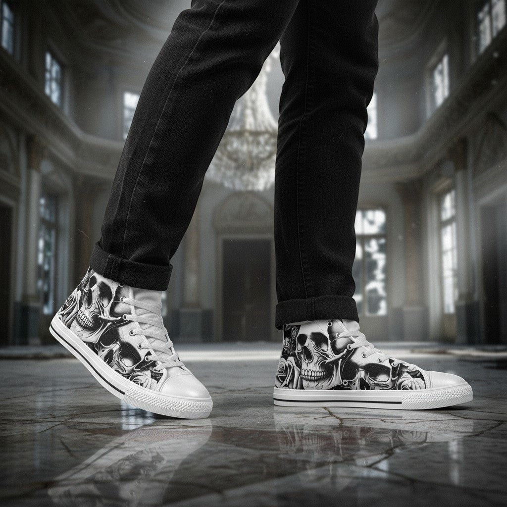 Freaky Shoes® women's high-top canvas sneakers featuring a black and white cartoon skull and rose print.