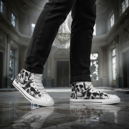 Freaky Shoes® women's high-top canvas sneakers featuring a black and white cartoon skull and rose print.