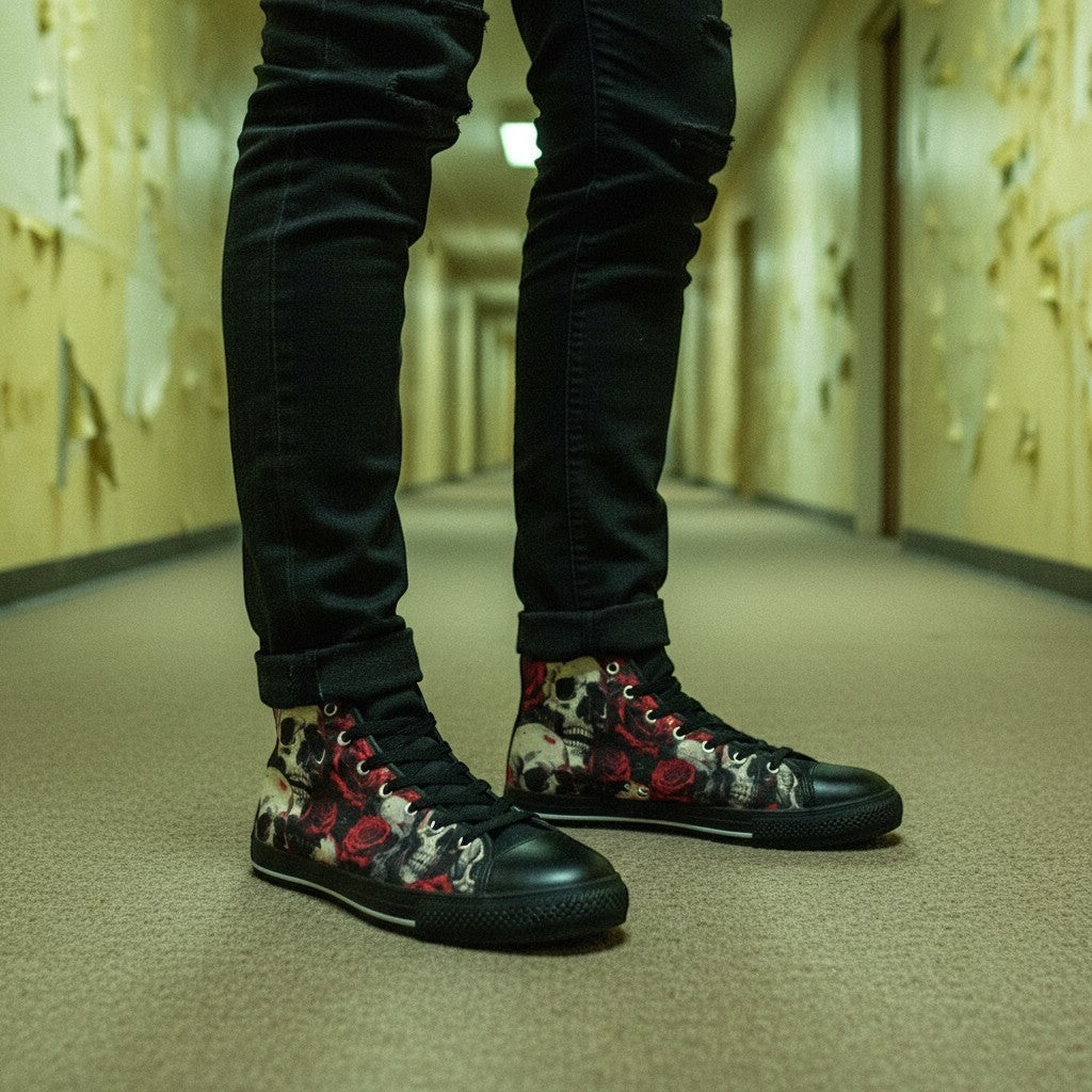Freaky Shoes® women's high-top canvas sneakers featuring a bold comic book skull and red rose graphic art print.
